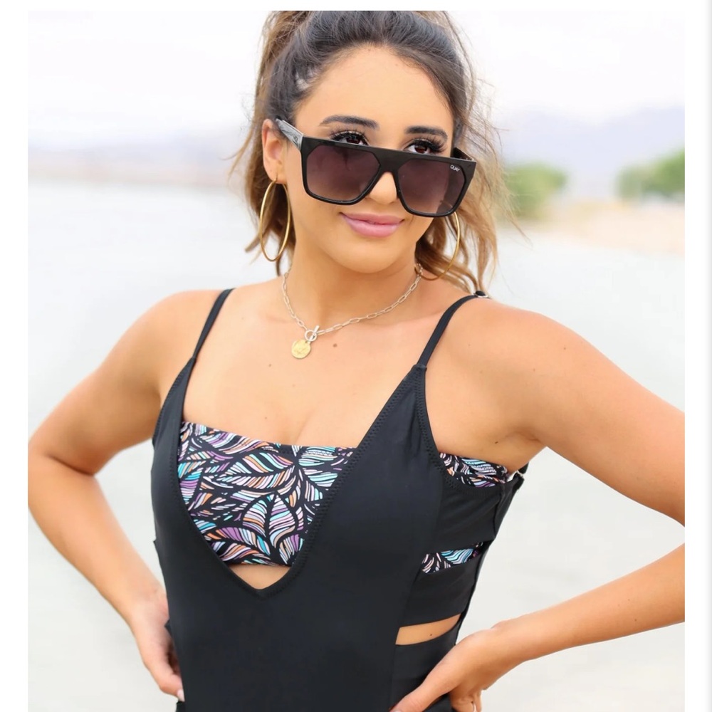 Black One-Piece Swimsuit with Multicolor Leaf Print Bandeau top